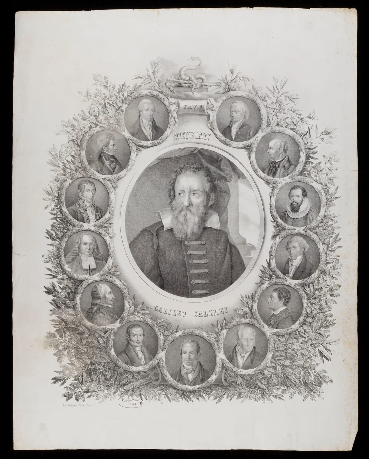 Portrait or photograph of Alessandro Volta: Italian scientists: Galileo in the centre, others in orbit around him. Lithograph by V. Mollame, 1842 Iconographic C