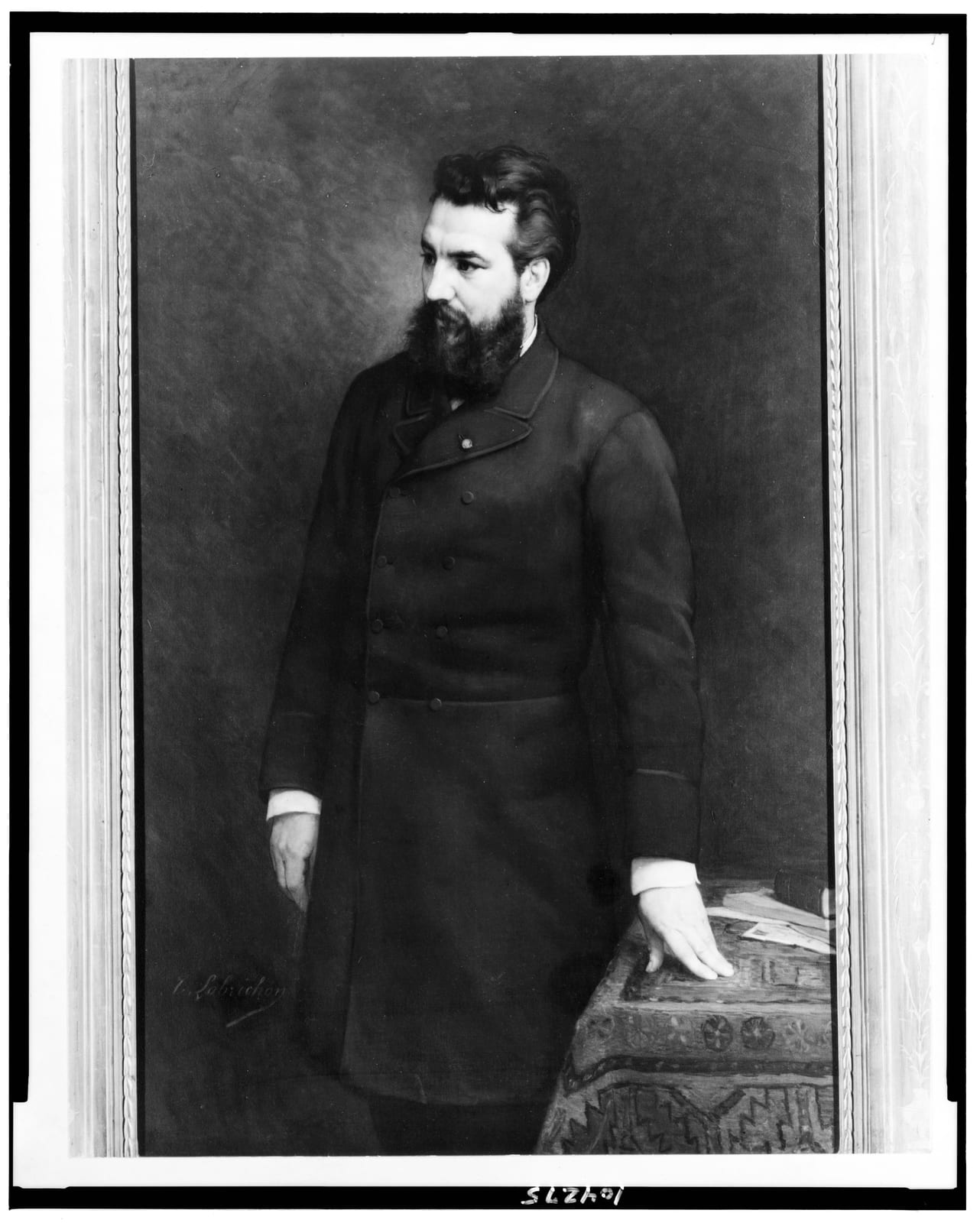 Portrait or photograph of Alexander Graham Bell: Title: Alexander Graham Bell, three-quarter length portrait, standing, facing left Abstract/medium: 1 photograp