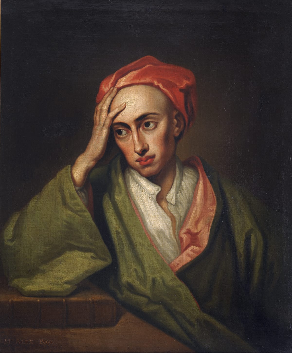 Portrait or photograph of Alexander Pope: A 73.6 x 61 cm oil-on-canvas portrait painting of Alexander Pope by Godfrey Kneller held at St John's College, Cambrid