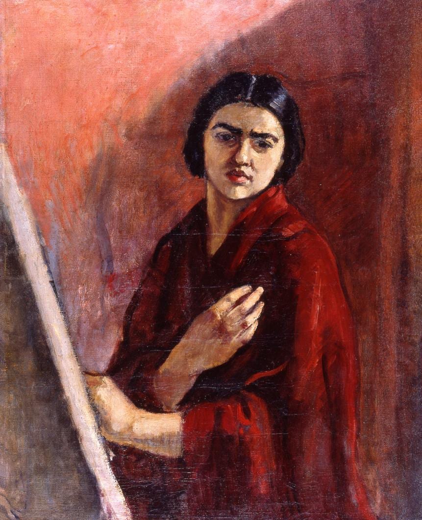 Portrait or photograph of Amrita Sher-Gil: Amrita Sher-Gil - Self Portrait with Easel. Oil on Canvas