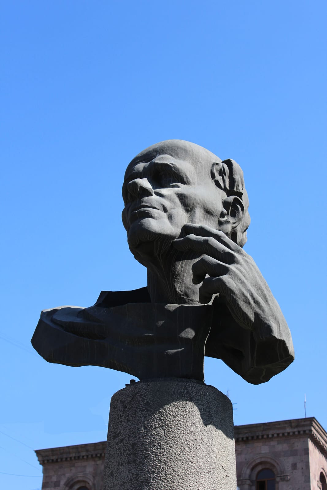Portrait or photograph of Andrei Sakharov: This is a photo of a monument in Armenia identified by the ID