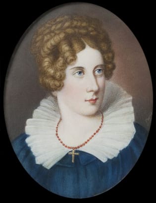 Portrait or photograph of Annette von Droste-Hülshoff: Portraitminiatur der Annette von Droste-Hülshoff; leicht veränderte Kopie des Porträts, das wahrscheinlic