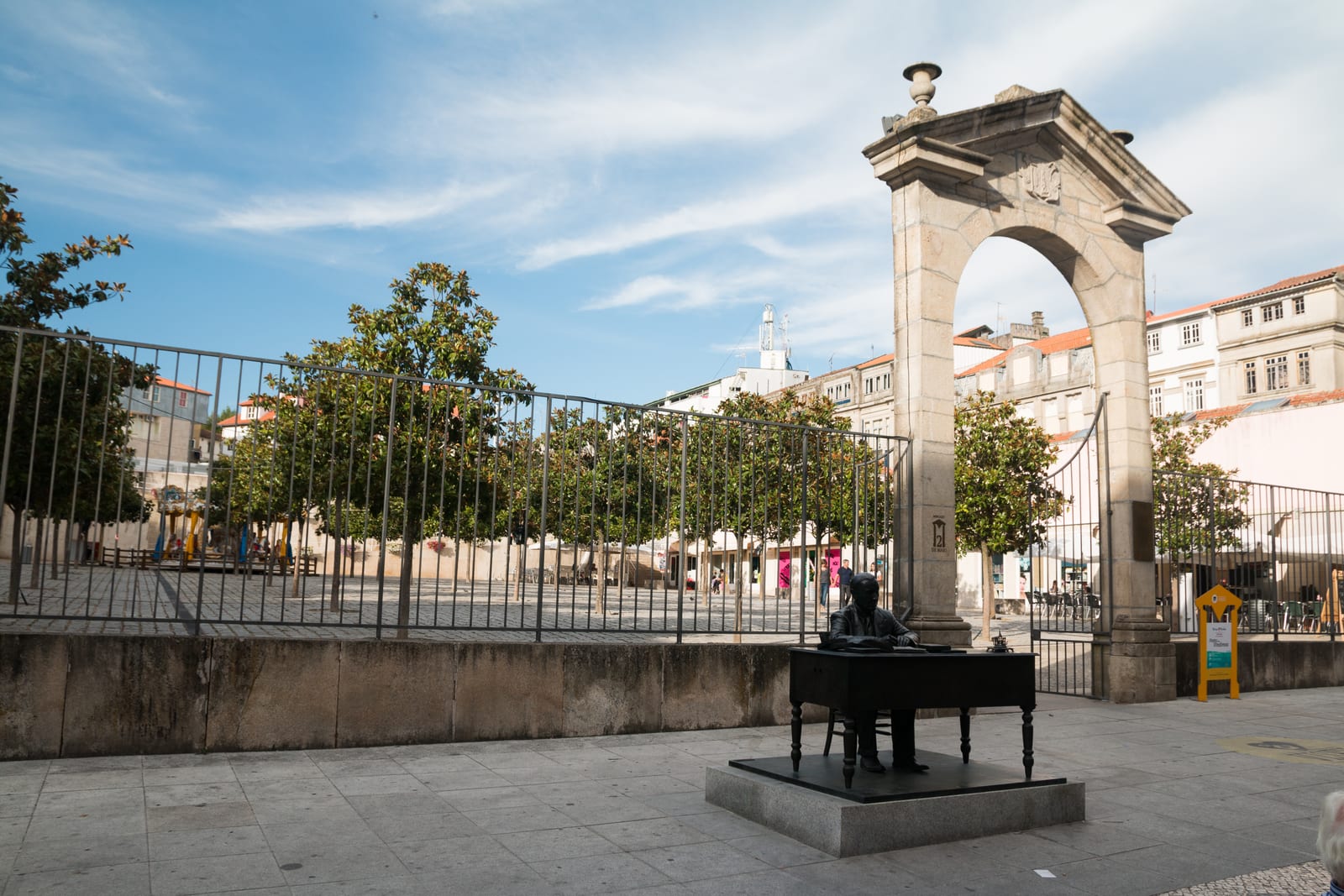 Portrait or photograph of Aquilino Ribeiro: Tribute to Aquilino Ribeiro Portuguese writer, n front of the market place.