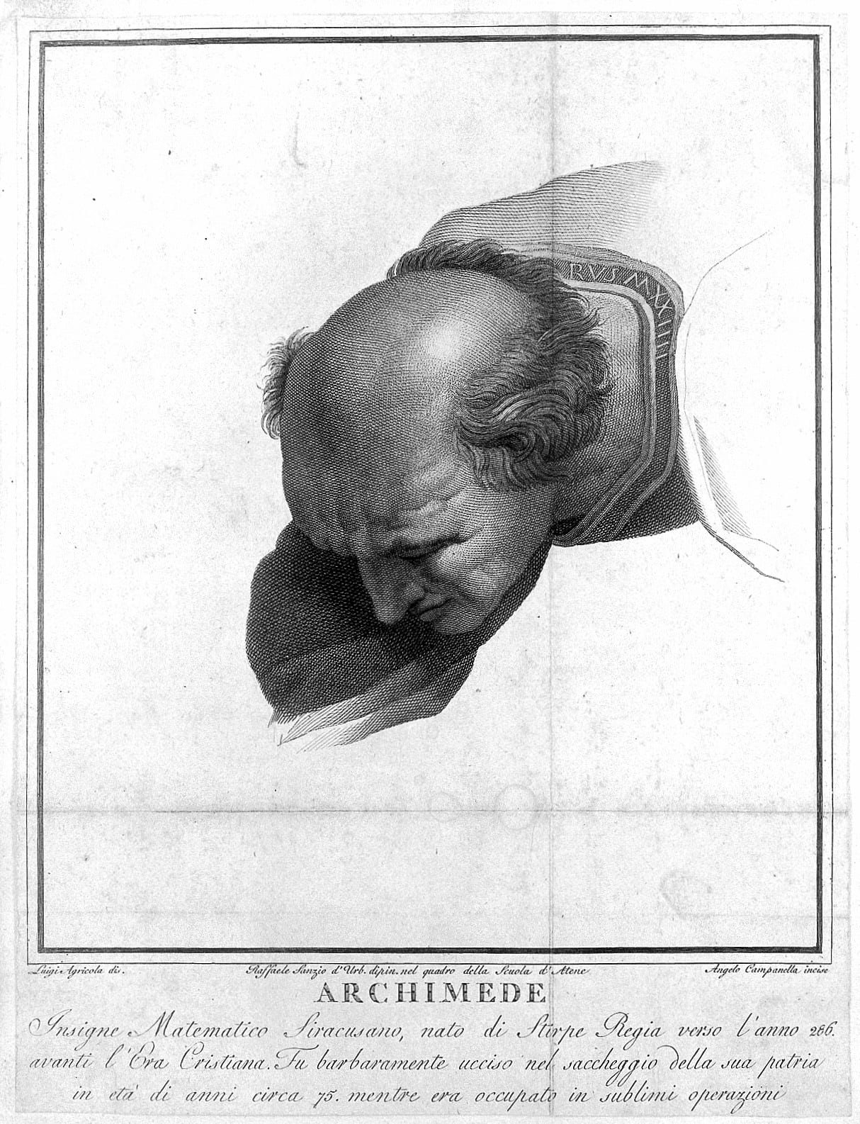 Portrait or photograph of Archimedes: Portrait of Archimedes after Raphael's "School of Athens" fresco, head and shoulders looking downwards Iconographic Collec
