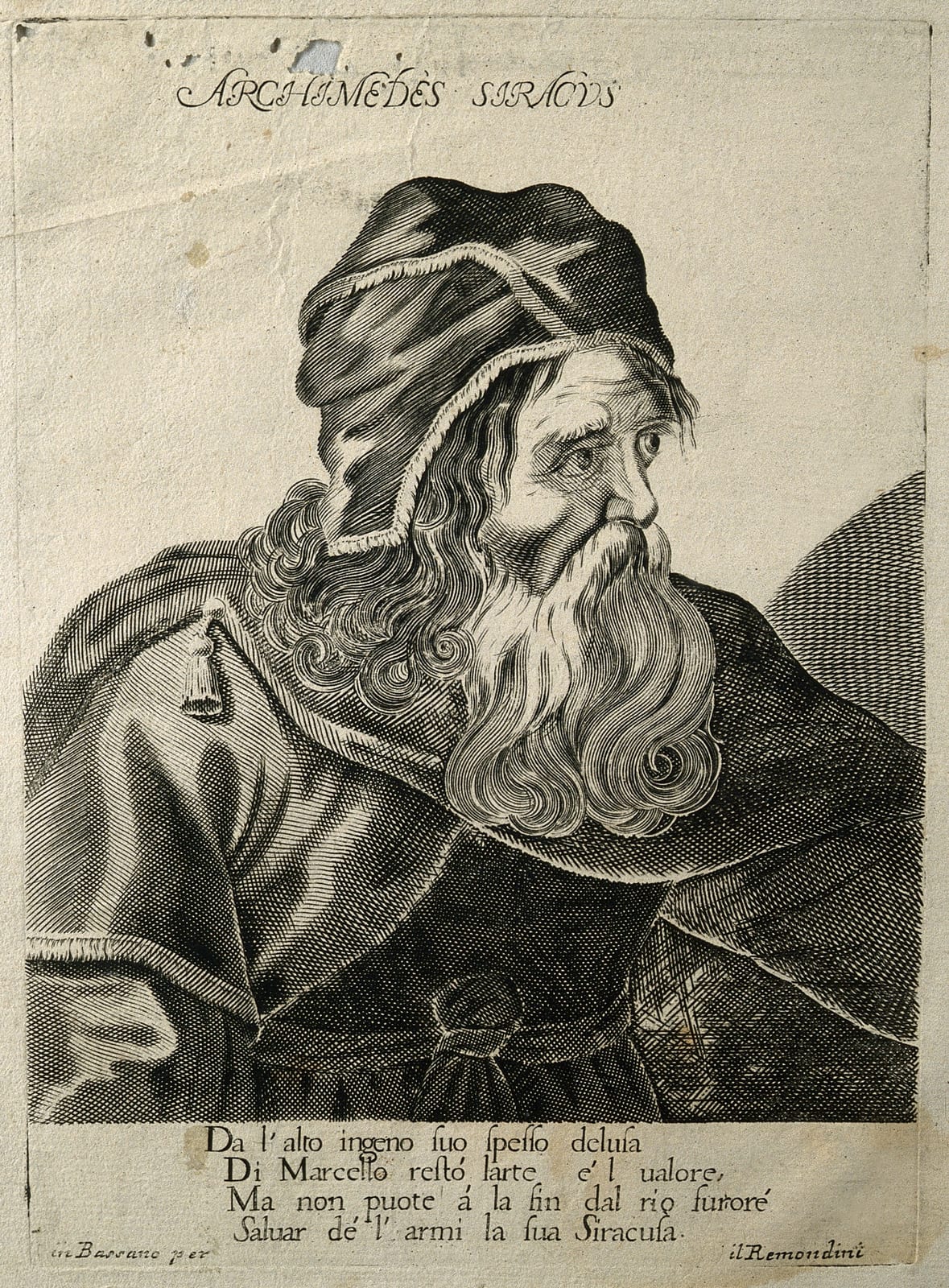 Portrait or photograph of Archimedes: Archimedes Siracus. Line engraving by Remondini. Iconographic Collections Keywords: archimedes, c.287-212 b.c.; portrait p
