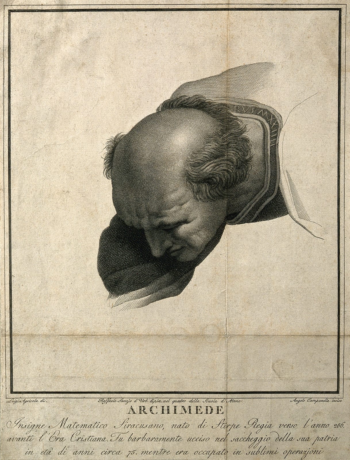 Portrait or photograph of Archimedes: Archimedes Siracus. Line engraving by A. Campanella after L. Agricola after Raphael Sanzio. Iconographic Collections Keywo