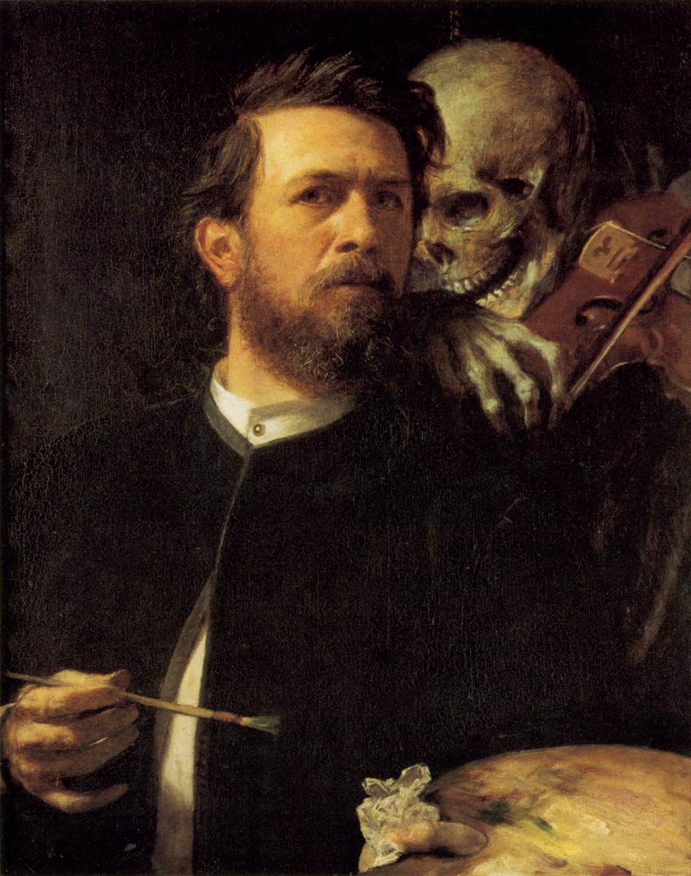 Portrait or photograph of Arnold Böcklin: Arnold Böcklin - Self-Portrait with Death as a Fiddler - WGA3033