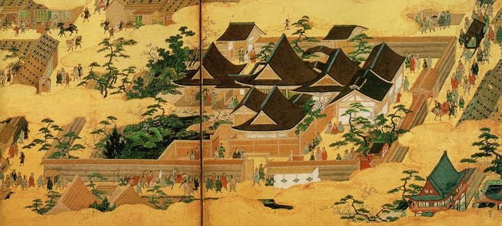 Portrait or photograph of Ashikaga Yoshimitsu: “Hana-no-Gosho” (花の御所, Flower Palace) depicted in“Rakuchū-Rakugai Zu Uesugi-bon Tōban”. The ensuing period of Ash
