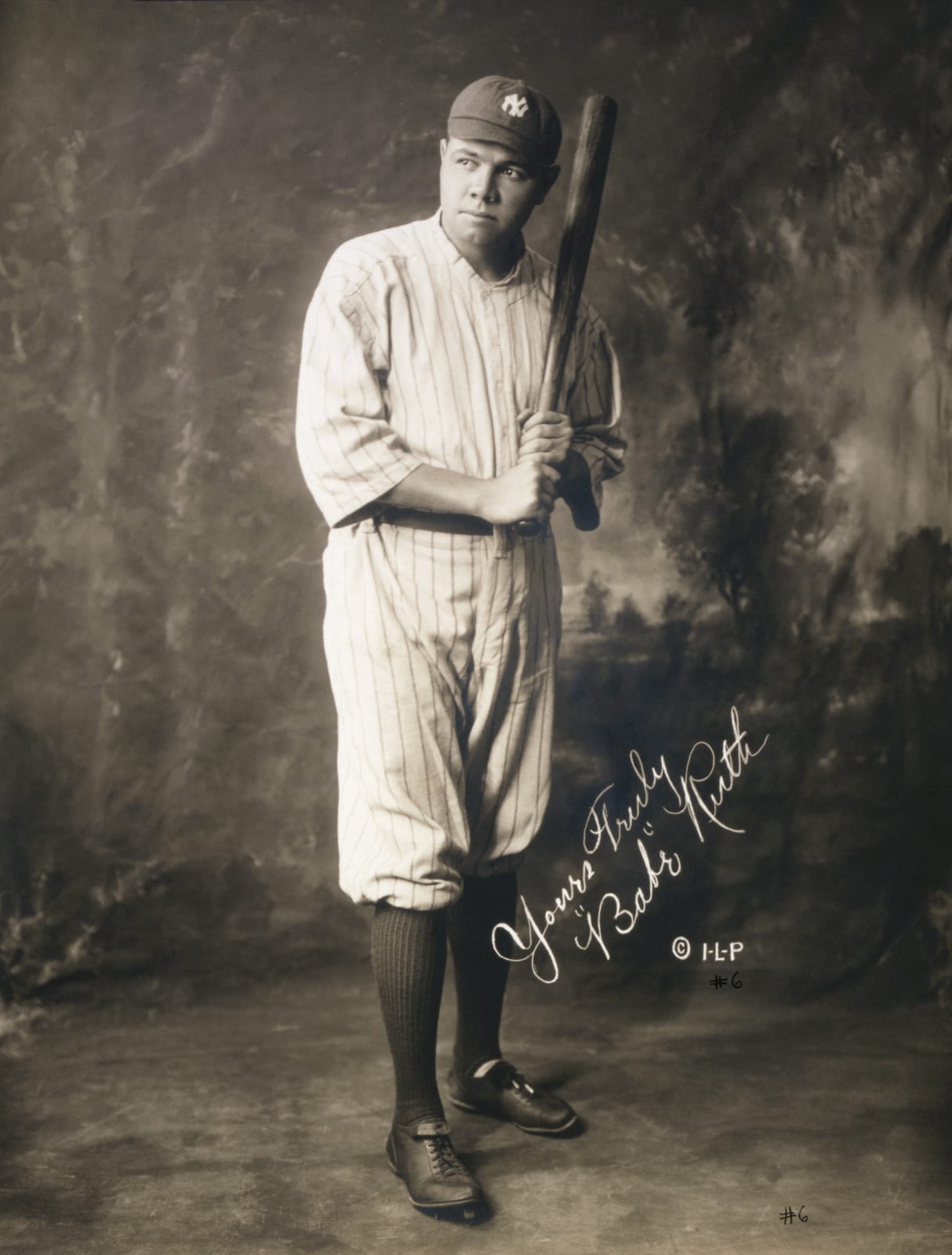 Portrait or photograph of Babe Ruth: Babe Ruth , full-length portrait, standing, facing slightly right, in baseball uniform, holding baseball bat. Facsimile sig