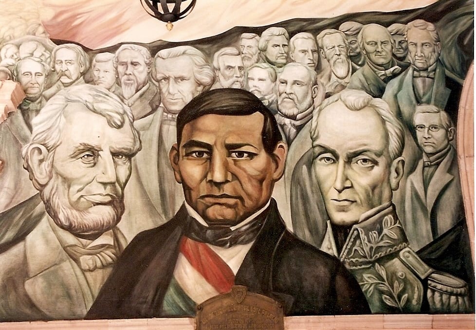 Portrait or photograph of Benito Juarez: Panel of Piña mural in the Government Palace in Chihuahua, Mexico, honouring the liberators Abraham Lincoln, Benito Juá