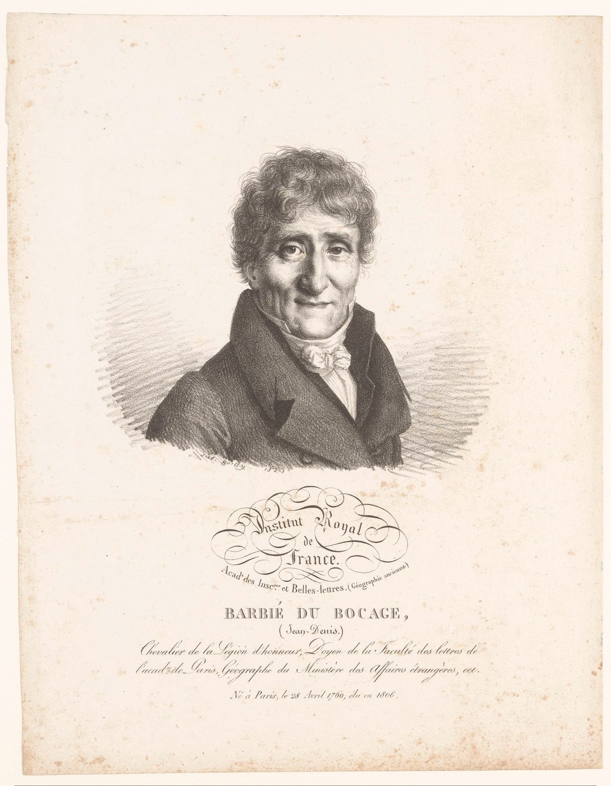 Portrait or photograph of Bocage: Identificatie Titel(s): Portret van de geograaf Jean-Denis Barbié du Bocage. Barbié du Bocage, Jean-Denis (titel op object). L