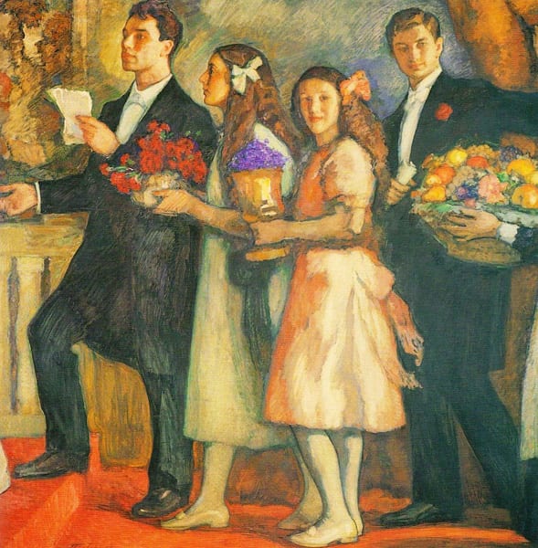 Image connected to Boris Pasternak: A 1914 painting by Leonid Pasternak of the Pasternak children, left to right: Boris, Josephine, Lydia, Alexander Pasternak.