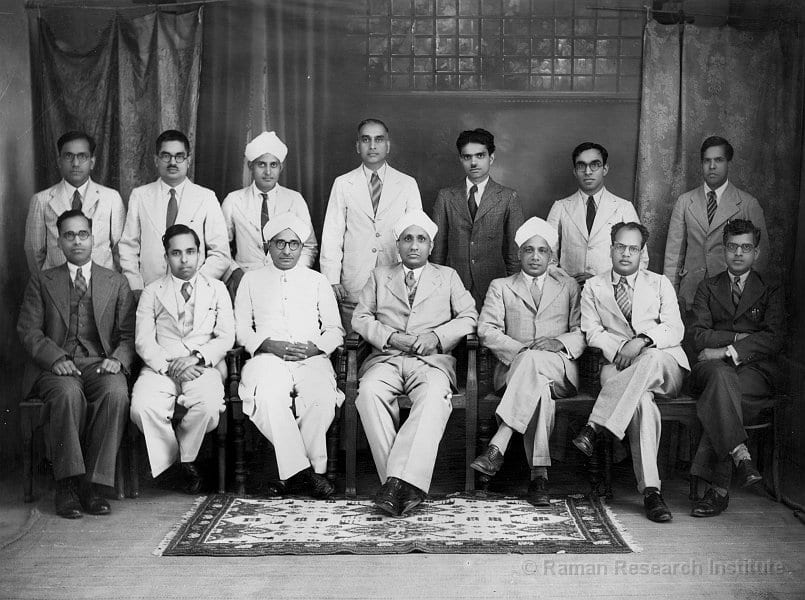 Portrait or photograph of C. V. Raman: C V Raman and other scientists of the IACS c. 1929. Sitting (left to right) : A.S. Ganesan, L.A. Ramdas, K.S. Krishnan, C