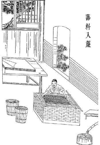 Portrait or photograph of Cai Lun: An image of a Ming dynasty woodcut describing five major steps in ancient Chinese papermaking process as outlined by Cai Lun