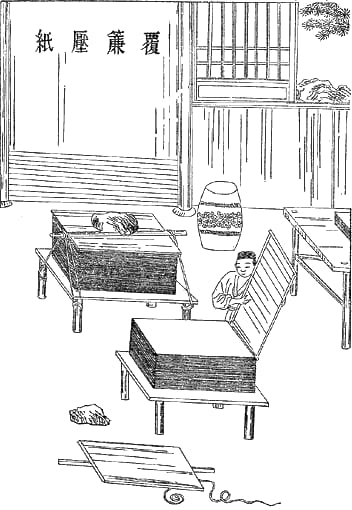 Portrait or photograph of Cai Lun: An image of a Ming dynasty woodcut describing five major steps in ancient Chinese papermaking process as outlined by Cai Lun