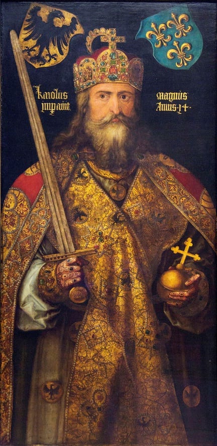 Portrait or photograph of Charlemagne: Charlemagne, by Albrecht Dürer, the anachronistic coat-of-arms above him show the German eagle and the French Fleur-de-li