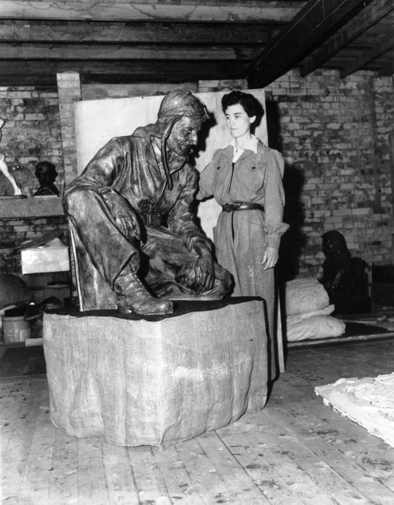Portrait or photograph of Charles Kingsford Smith: Tribute to Smithy, June 1948. Maria Kuhn, a 27 year old sculptress from Boonah, has completed a plaster statu