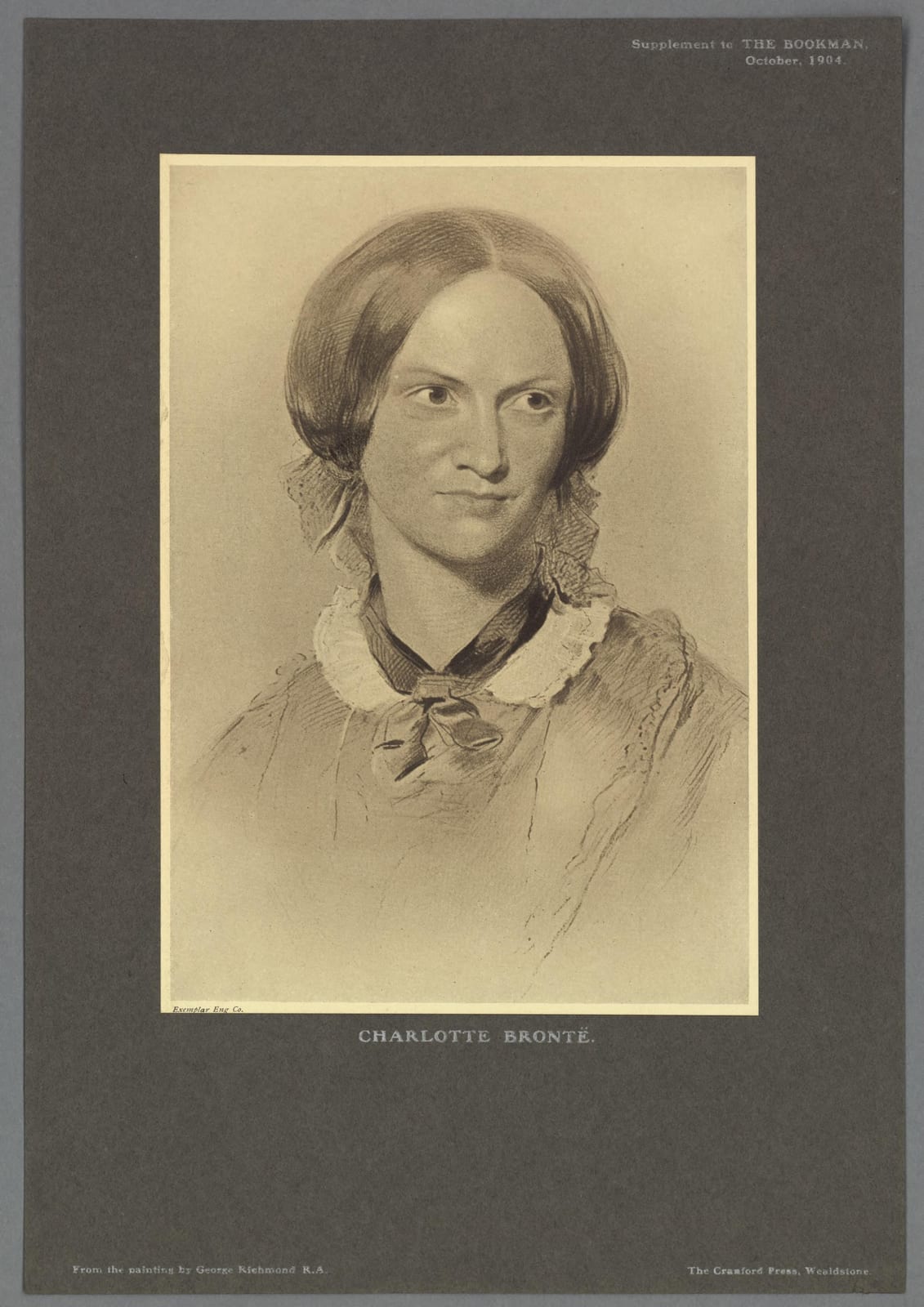 Portrait or photograph of Charlotte Bronte: photomechanical print by George Richmond. Part of the National Library of Wales portrait archive