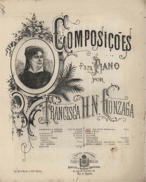 Portrait or photograph of Chiquinha Gonzaga: Capa de partitura de Francisca Gonzaga (Chiquinha Gonzaga) feita por Bordalo em 1877