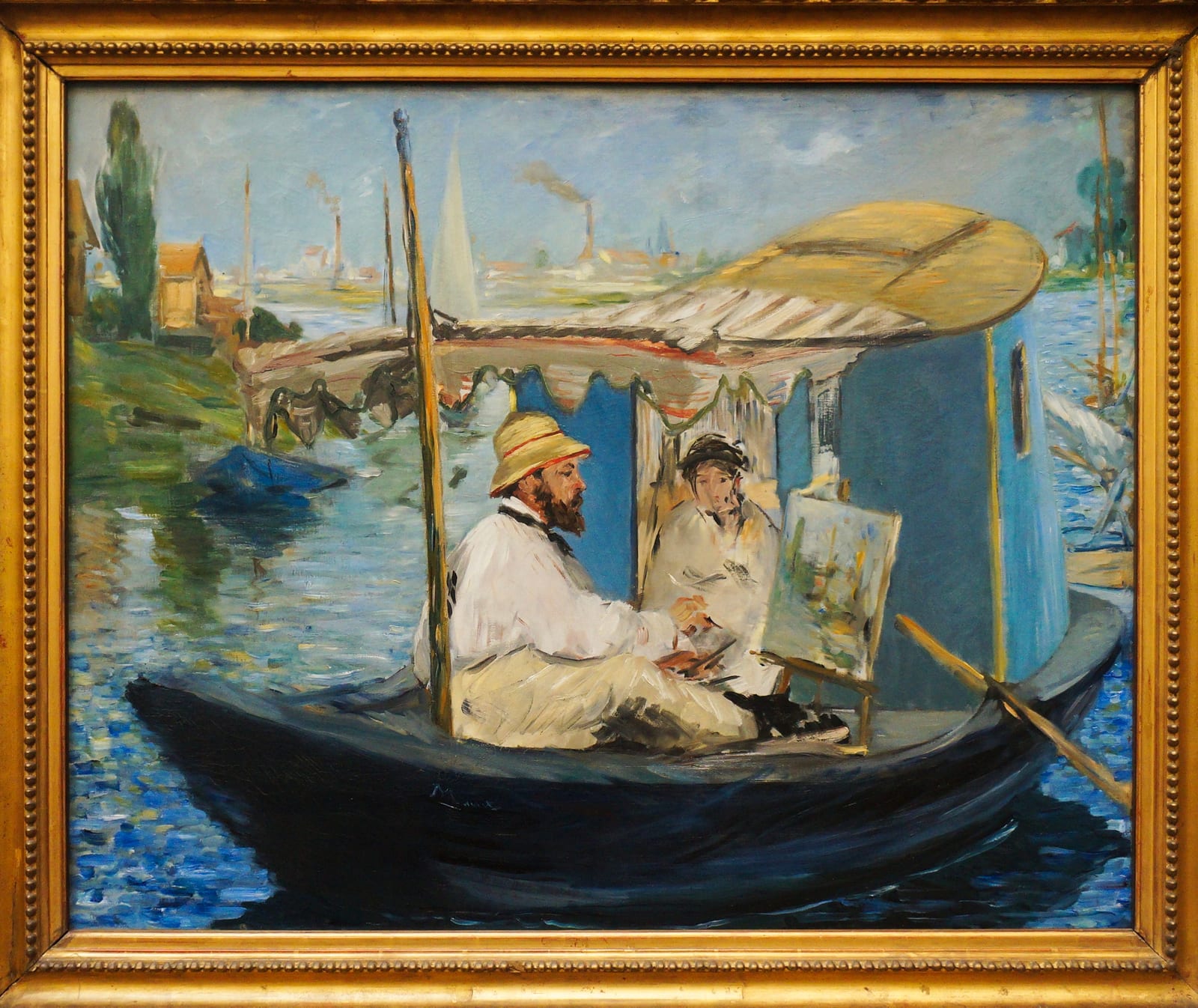 Portrait or photograph of Claude Monet: Portrait of Claude Monet painting on his studio boat in Argenteuil by Éduard Manet