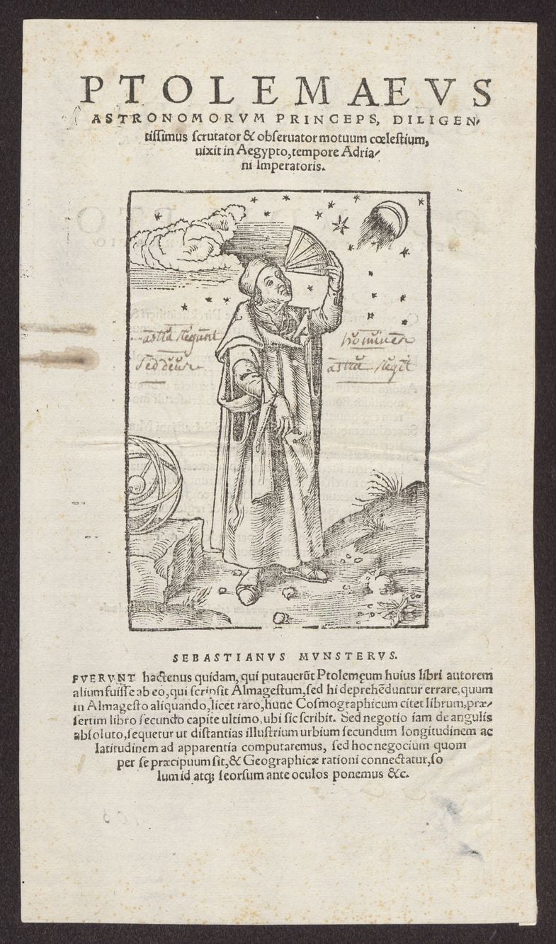 Portrait or photograph of Claudius Ptolemy: Woodcut print of a portrait of Claudius Ptolemy using a quadrant in Sebastian Münster’s Geographia Universalis, 1545