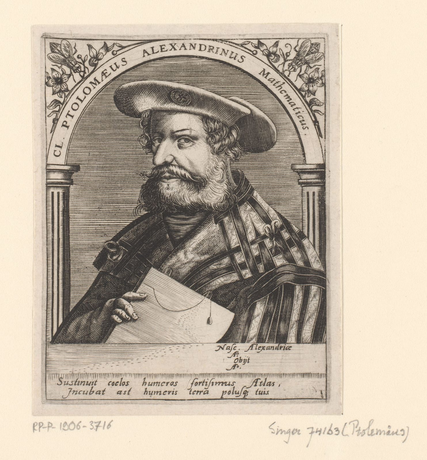 Image connected to Claudius Ptolemy: Identificatie Titel(s): Portret van Claudius Ptolemeüs Objecttype: prent boekillustratie Objectnummer: RP-P-1906-3716 Catal