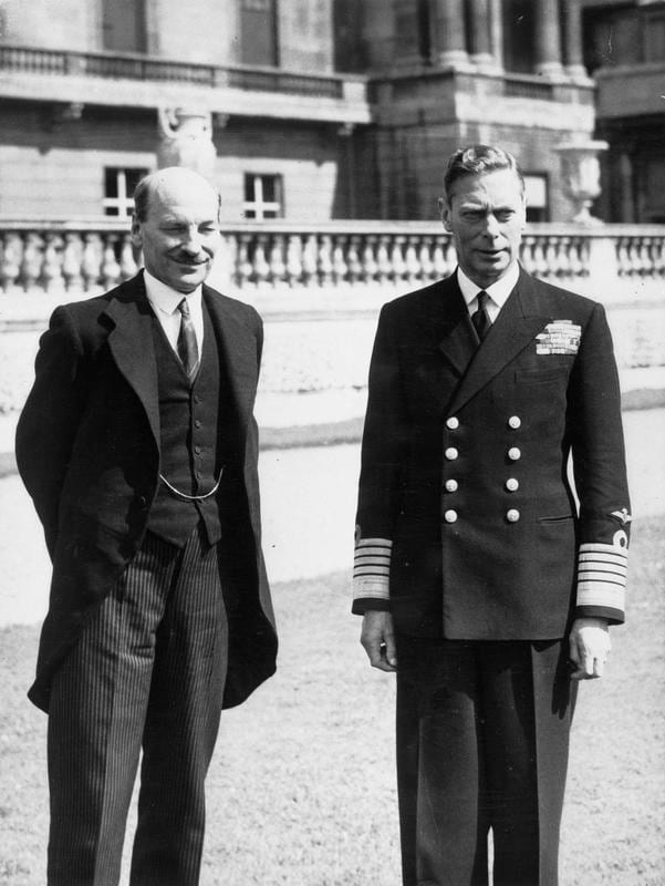 Portrait or photograph of Clement Attlee: British Political Personalities 1936-1945 The 1945 General Election: King George VI standing with the Labour Prime Min