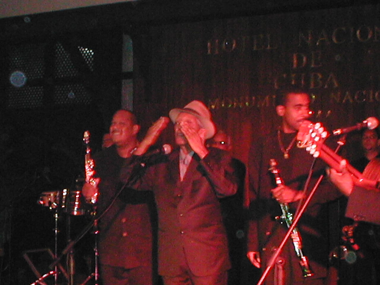 Portrait or photograph of Compay Segundo: Compay Segundo saying goodbye to a standing ovation, Hotel Nacional de Cuba, Havana.