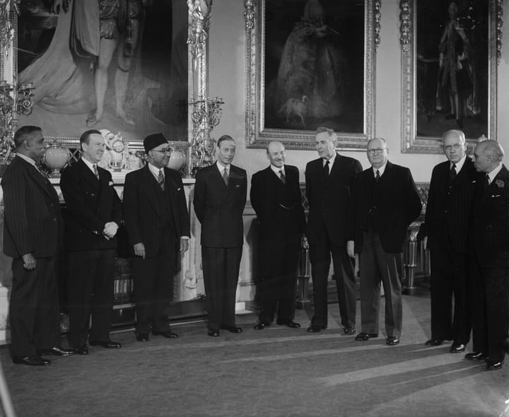 Portrait or photograph of D. S. Senanayake: 21st April 1949: Commonwealth premiers, who are in London for the Conference of Commonwealth Prime Ministers, along