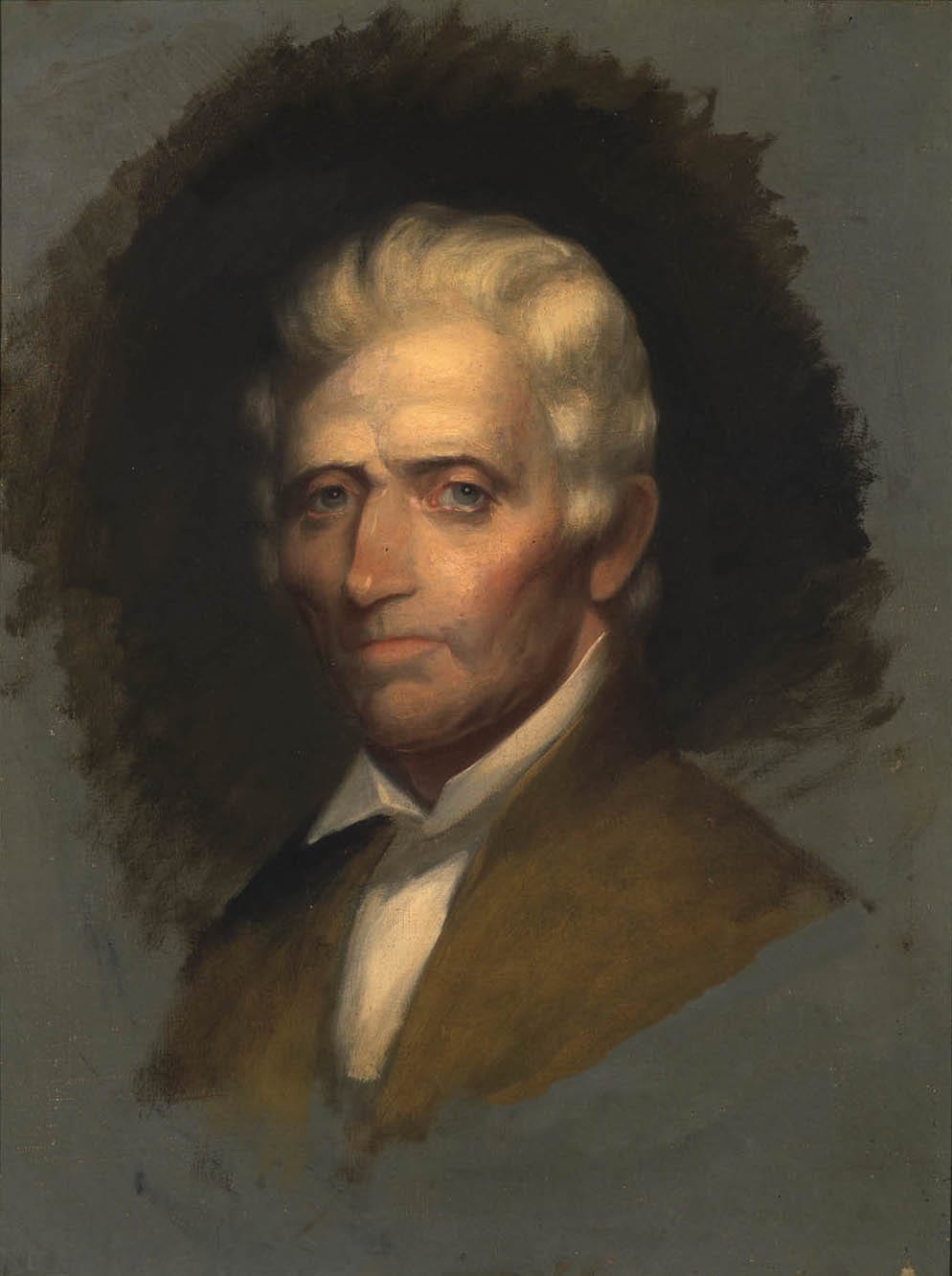 Portrait or photograph of Daniel Boone: Oil sketch of Daniel Boone , the only portrait of Boone painted from life. This was painted when Boone was 84 years old,