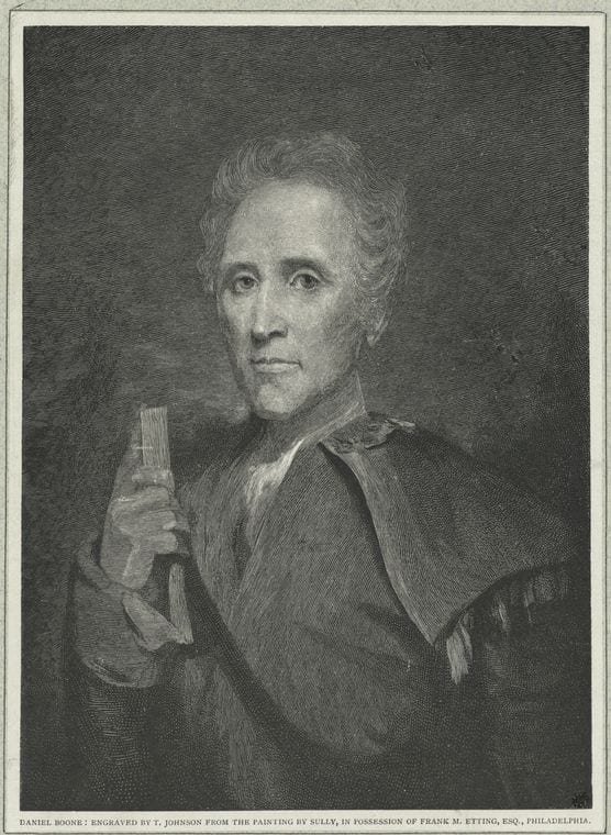 Portrait or photograph of Daniel Boone: Wood engraving of Daniel Boone, based on a portrait by American painter Thomas Sully.
