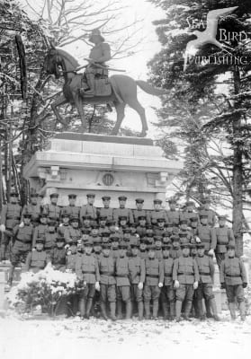 Portrait or photograph of Date Masamune: Japanese soldiers in front of the statue of Date Masamune that was placed in Aoba Castle , in May 1940