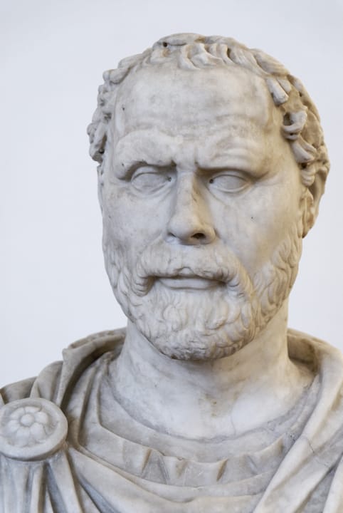 Portrait or photograph of Demosthenes: Portrait of Demosthenes. Marble, Roman copy after a bronze Greek from the 3rd century BCE; some modern additions: cloak a