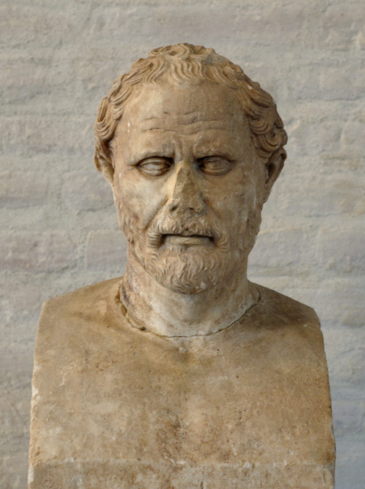 Portrait or photograph of Demosthenes: Head of the herma of Demosthenes. Copy of an honour posthume statue of the statesman on the market place of Athens; work