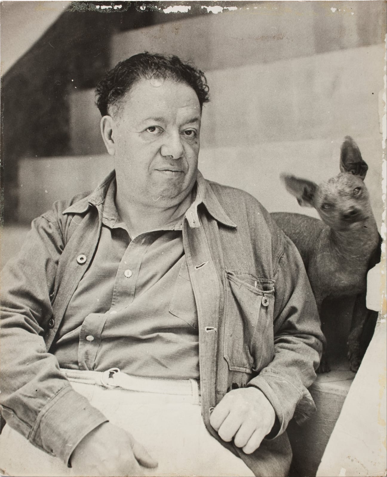 Portrait or photograph of Diego Rivera: Diego Rivera with a xoloitzcuintle dog in the Blue House, Coyoacan - Google Art Project