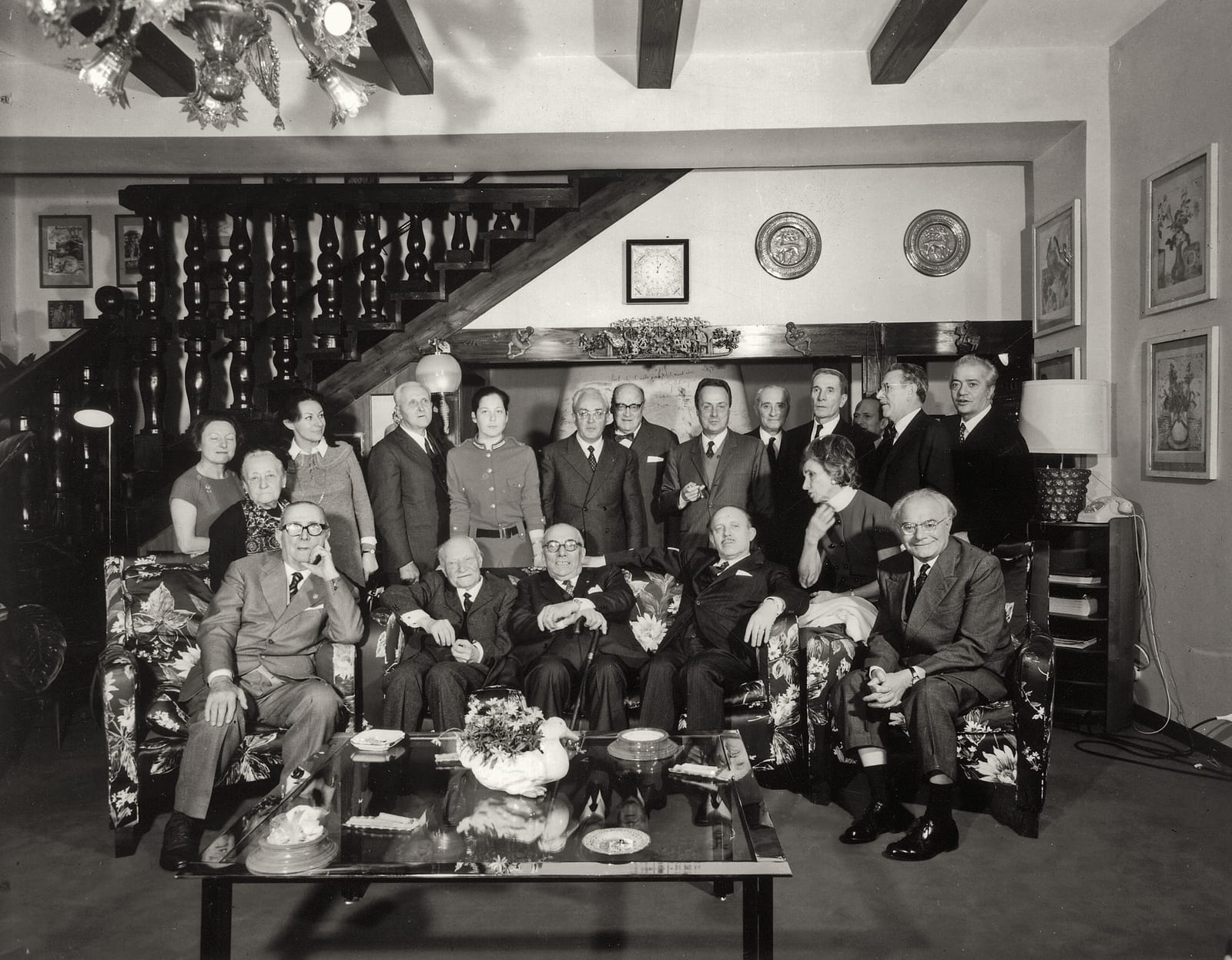 Portrait or photograph of Dino Buzzati: Italian publisher Arnoldo Mondadori with authors Giuseppe Ungaretti, Mario Soldati, Guido Piovene, Dino Buzzati, and Pie