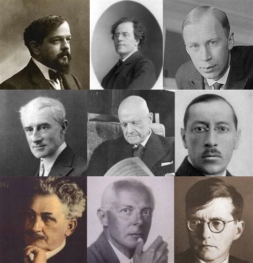Portrait or photograph of Dmitri Shostakovich: Claude Debussy, Gustav Mahler, Sergei Prokofiev Maurice Ravel, Jean Sibelius, Igor Stravinsky Leoš Janáček, Béla