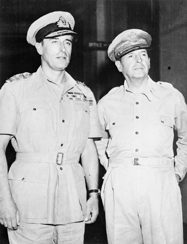 Portrait or photograph of Douglas MacArthur: ADMIRAL OF THE FLEET EARL MOUNTBATTEN OF BURMA, Portraits: Admiral Louis Mountbatten with General of the Army Dougl
