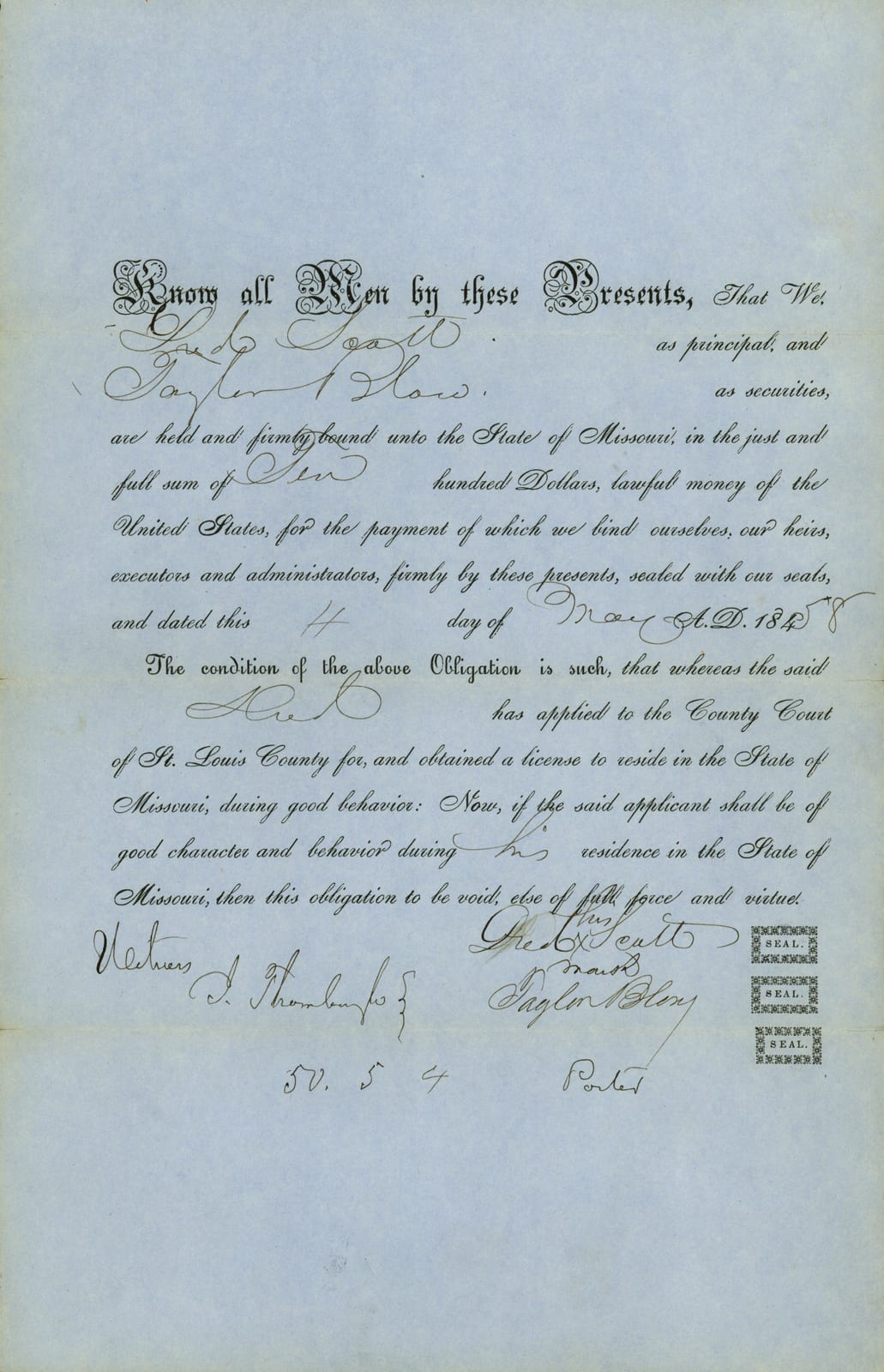 Portrait or photograph of Dred Scott: Title: Dred Scott Free Negro Bond