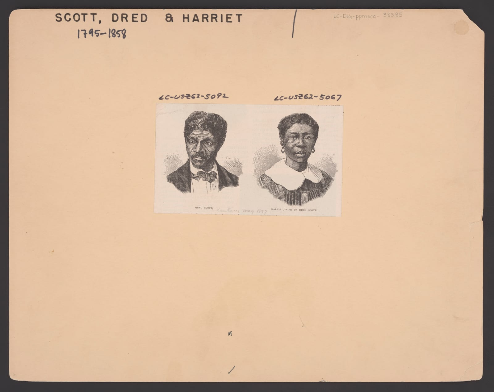 Portrait or photograph of Dred Scott: Title: Dred Scott. Harriet, wife of Dred Scott Abstract/medium: 1 print : wood engraving on paper ; sheet 8.3 x 14.1 cm, m
