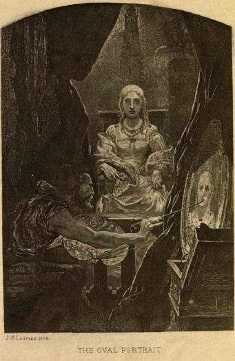 Portrait or photograph of Edgar Allan Poe: Illustration for Poe 's The Oval Portrait in The Tales and Poems of Edgar Allan Poe. Volume 2. (Philadelphia: George