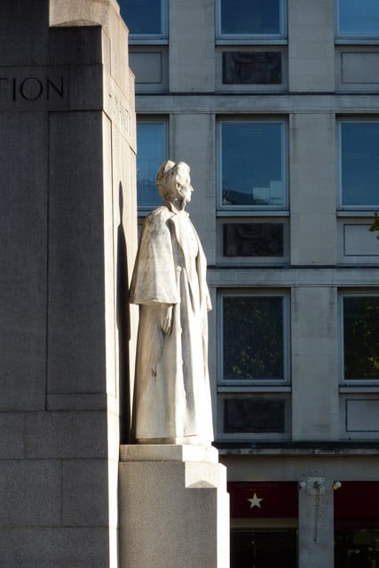Portrait or photograph of Edith Cavell: Statue of Edith Cavell on the memorial opposite the National Portrait Gallery One of many memorials around the world ded