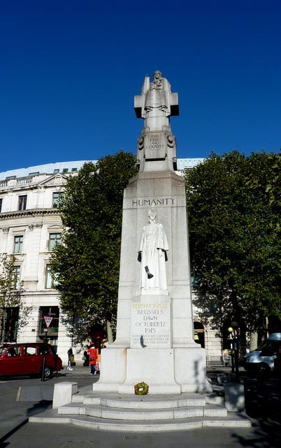 Portrait or photograph of Edith Cavell: The Edith Cavell memorial in St. Martins Place Situated opposite the National Portrait Gallery, this is one of many trib