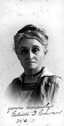 Portrait or photograph of Edith Cowan: This is a photograph of Edith Cowan (1861–1932), first woman elected to an Australian parliament. The original photograph