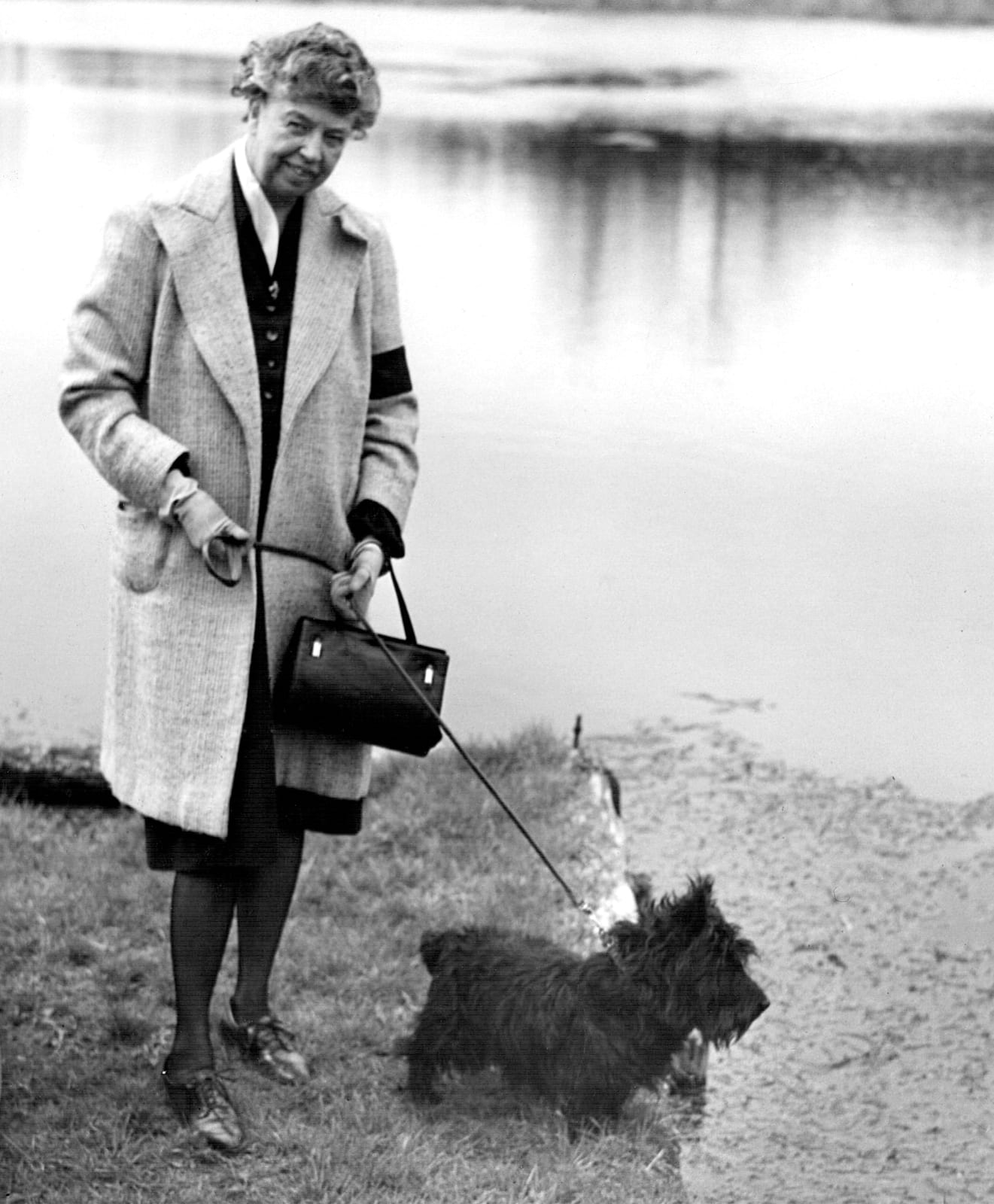 Portrait or photograph of Eleanor Roosevelt: Eleanor Roosevelt with her dog Fala . FDR Library photo, 1947.