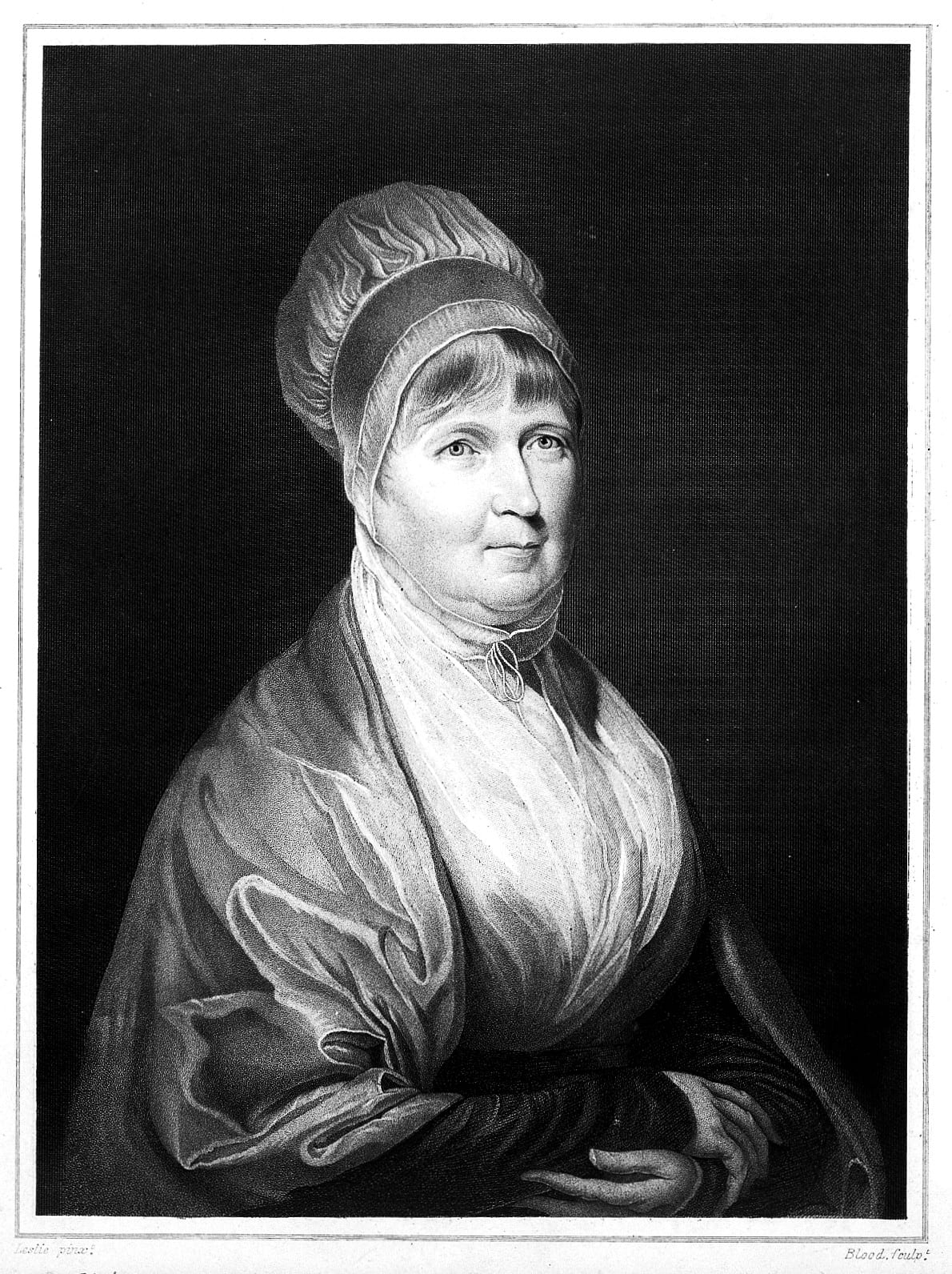 Portrait or photograph of Elizabeth Fry: Portrait of Elizabeth Fry, half length, by Blood after Leslie. Iconographic Collections Keywords: Elizabeth Fry; Blood;