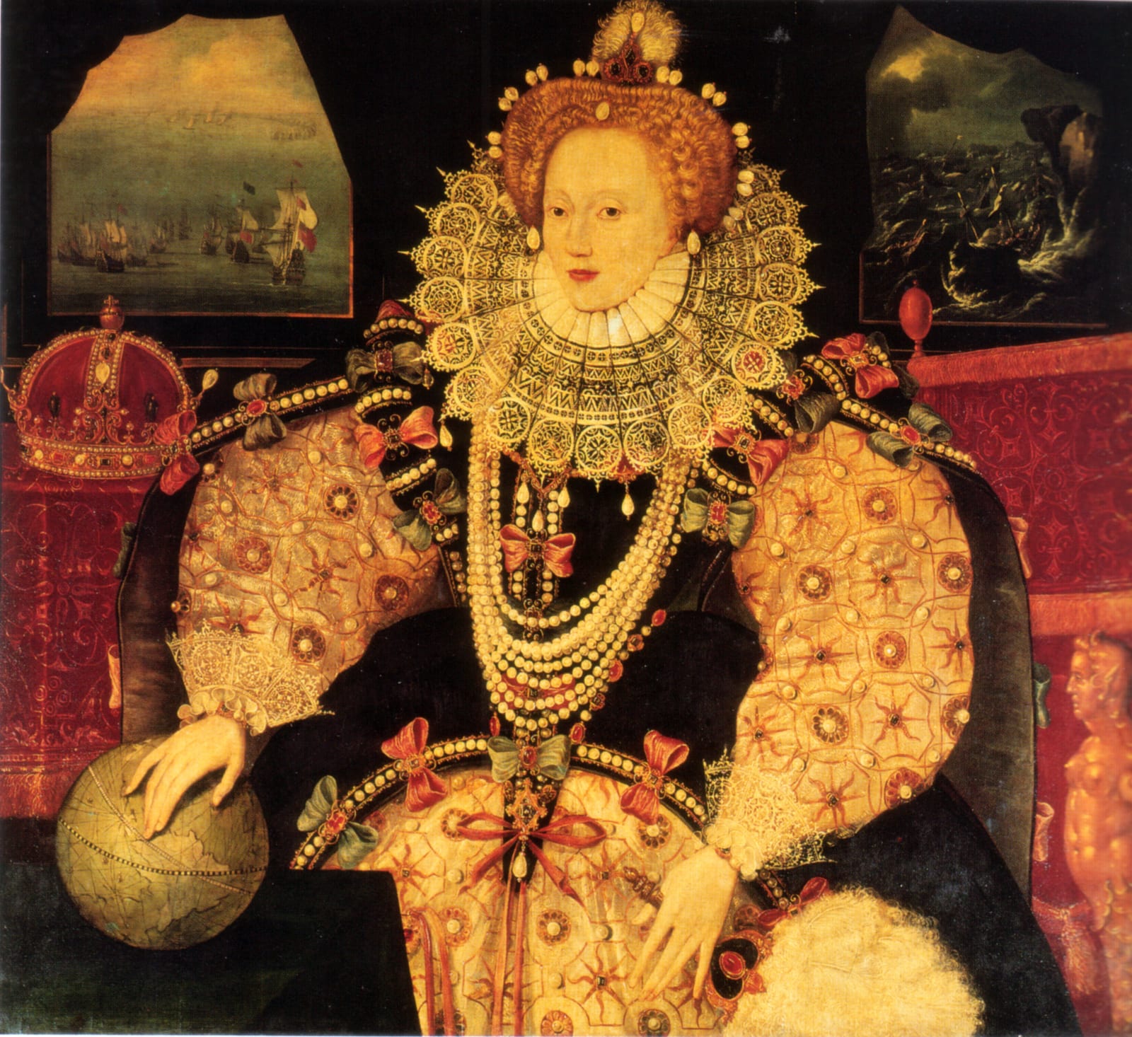 Portrait or photograph of Elizabeth I: Elizabeth I of England , the Armada Portrait, possibly commissioned by Sir Francis Drake. Oil on panel, 110.5 x 127 cm (4