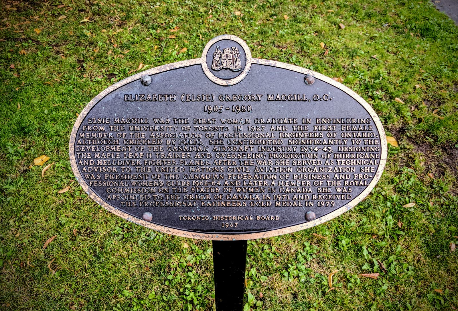 Portrait or photograph of Elsie MacGill: A plaque commemorating Elsie MacGill (1905-1980), the first female engineering graduate in Canada and an important aero