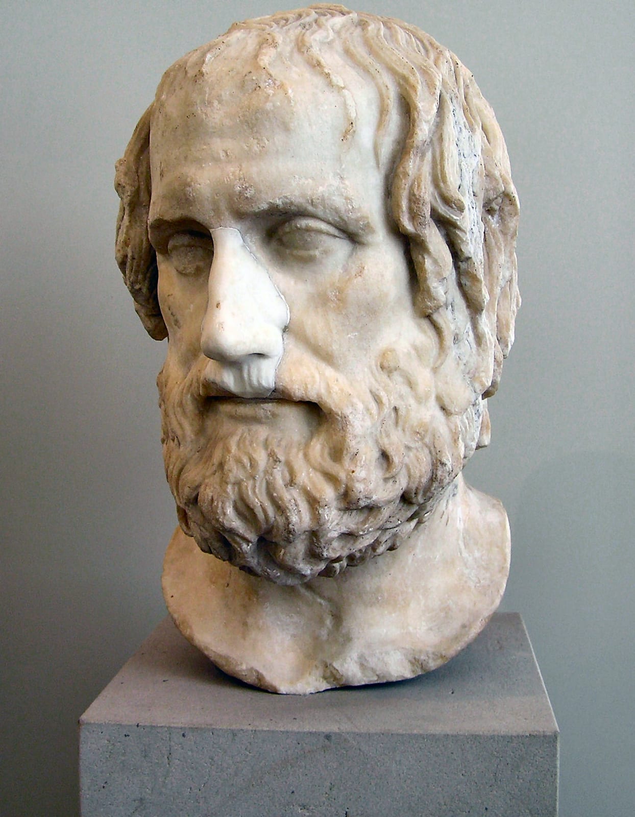 Portrait or photograph of Euripides: (Berlin, Altes Museum): Euripides , roman copy of greek work, Athens c. 330 BC