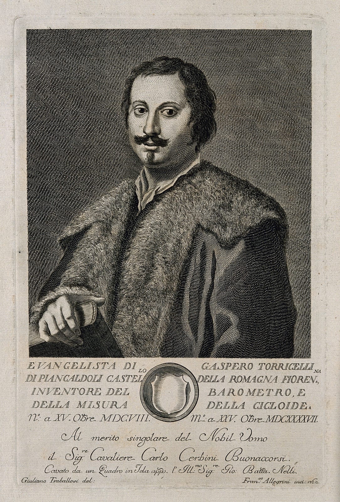 Portrait or photograph of Evangelista Torricelli: Evangelista Torricelli. Line engraving by F. Allegrini, 1760, after G. Traballesi. Iconographic Collections Ke